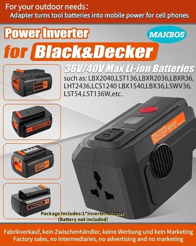 for Black and Decker 40V Battery top Off Inverter Generator,for Black and Decker USB Type-C Fast Charger Adapter with LED WorkingLight,200 Watt Power Inverter,Portable Power Source,40V DC to 110V AC in Kuwait