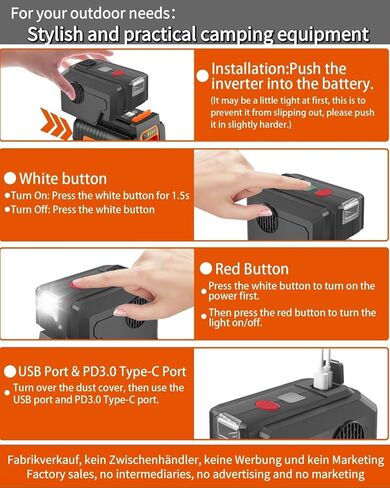 for Black and Decker 40V Battery top Off Inverter Generator,for Black and Decker USB Type-C Fast Charger Adapter with LED WorkingLight,200 Watt Power Inverter,Portable Power Source,40V DC to 110V AC in Kuwait