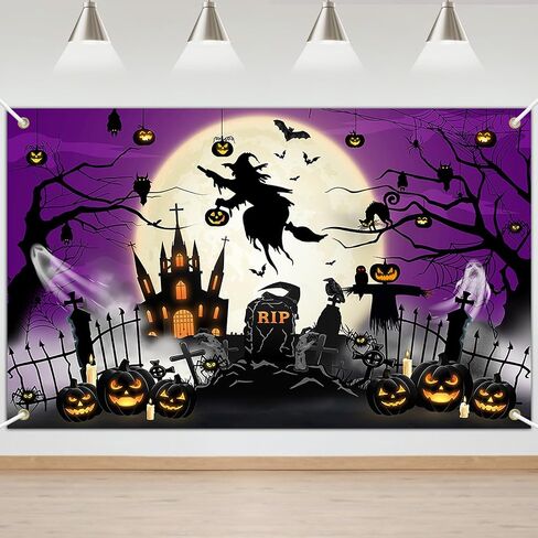 Purple Halloween Photo Backdrop Moon Night Spooky Castle Cemetery Pumpkin Witch Ghost Scary Backdrop for Halloween Horror Night Halloween Background Party Decorations in Saudi Arabia