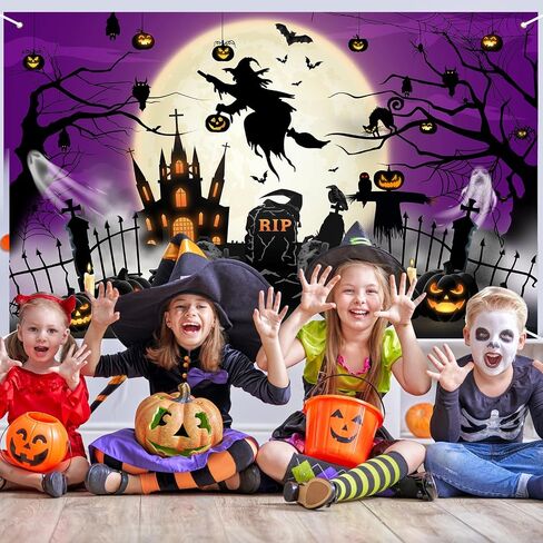 Purple Halloween Photo Backdrop Moon Night Spooky Castle Cemetery Pumpkin Witch Ghost Scary Backdrop for Halloween Horror Night Halloween Background Party Decorations in Saudi Arabia