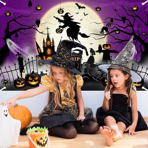 Purple Halloween Photo Backdrop Moon Night Spooky Castle Cemetery Pumpkin Witch Ghost Scary Backdrop for Halloween Horror Night Halloween Background Party Decorations in Saudi Arabia