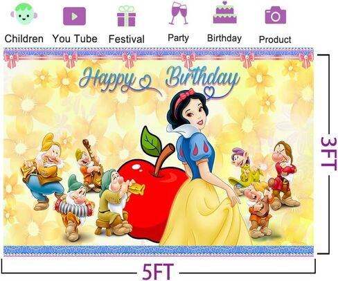 خلفية الأميرة للثلج الأبيض موضوع حفلة عيد ميلاد لوازم 5x3ft سنو وايت موضوع راية للحزب كعكة الجدول زينة الطفل دش راية in Kuwait