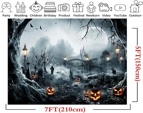 LYWYGG Halloween Backdrop for Photography Horror Night Background Scary Pumpkin Moon Backdrop for Party Decoration Supplies Studio Props CP-459(7x5ft) in Kuwait