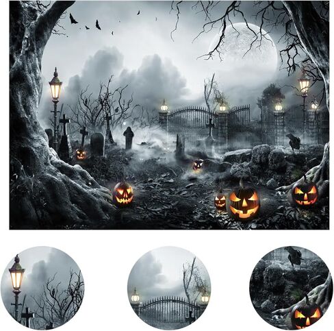 LYWYGG Halloween Backdrop for Photography Horror Night Background Scary Pumpkin Moon Backdrop for Party Decoration Supplies Studio Props CP-459(7x5ft) in Kuwait