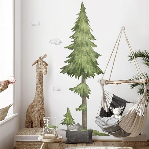 WAFT YEARN Vinyl Removable Watercolor Style Large Tree Pine Green Plants Cloud Wall Decal Wall Sticker Decor for Nursery School Classroom Bedroom Bathroom Boys Girls Room Playroom 53.14 in by 84.64 in in Saudi Arabia
