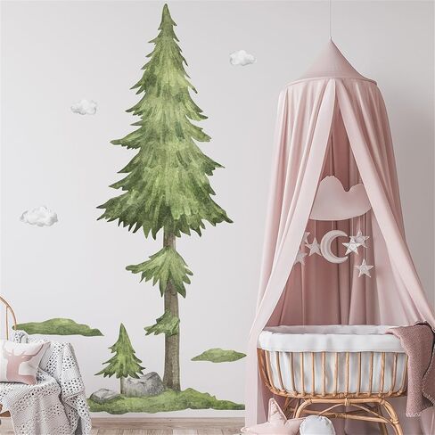 WAFT YEARN Vinyl Removable Watercolor Style Large Tree Pine Green Plants Cloud Wall Decal Wall Sticker Decor for Nursery School Classroom Bedroom Bathroom Boys Girls Room Playroom 53.14 in by 84.64 in in Saudi Arabia