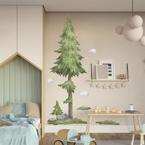 WAFT YEARN Vinyl Removable Watercolor Style Large Tree Pine Green Plants Cloud Wall Decal Wall Sticker Decor for Nursery School Classroom Bedroom Bathroom Boys Girls Room Playroom 53.14 in by 84.64 in in Saudi Arabia