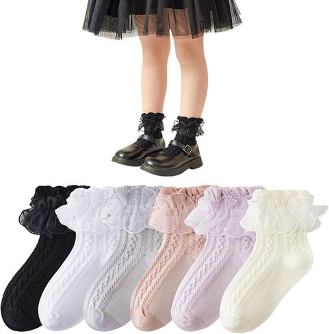 Toddler Girls Lace Ruffle Socks Baby Girl Cozy Soft Cotton Frilly Socks Cute Princess Style Dress Socks 6 pairs in Kuwait