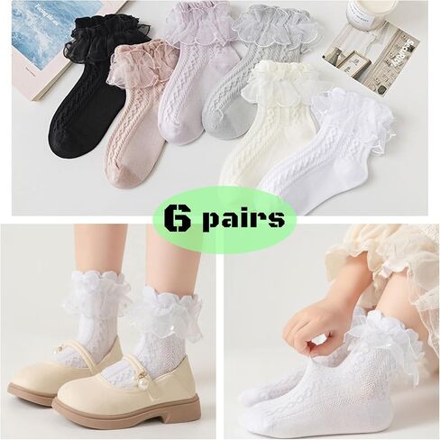 Toddler Girls Lace Ruffle Socks Baby Girl Cozy Soft Cotton Frilly Socks Cute Princess Style Dress Socks 6 pairs in Kuwait