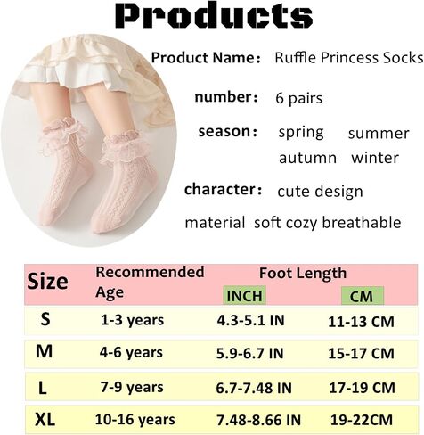 Toddler Girls Lace Ruffle Socks Baby Girl Cozy Soft Cotton Frilly Socks Cute Princess Style Dress Socks 6 pairs in Kuwait