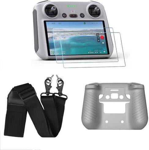 Mini 3 Pro RC Control Silicone Protection Cover + Tempered Glass Screen Protector Film (2pcs) + Lanyard Nylon Braided Neck Strap For DJI Mini 3 Pro RC Remote Controller Accessories (Grey) in Saudi Arabia