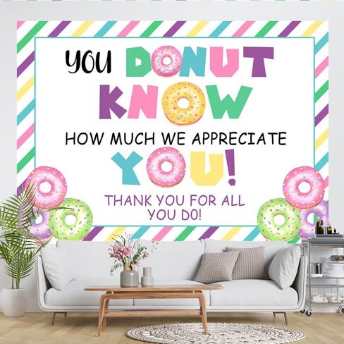 Lofaris 7x5ft Doughnut Thank You Backdrop You Donut Know How Much We Appreciate You Background Thanks for Staff Employee Teachers Doctor Colored Stripes Photography Party Decoration Banner Supplies in Saudi Arabia