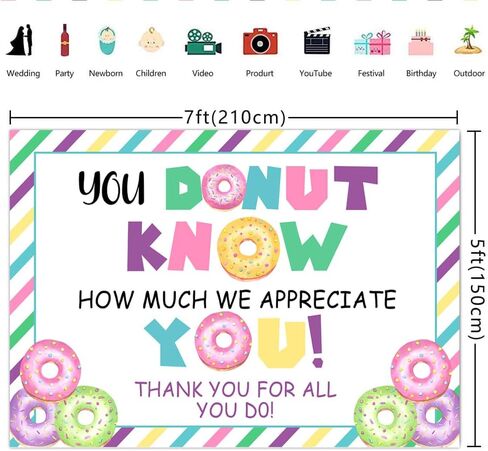 Lofaris 7x5ft Doughnut Thank You Backdrop You Donut Know How Much We Appreciate You Background Thanks for Staff Employee Teachers Doctor Colored Stripes Photography Party Decoration Banner Supplies in Saudi Arabia