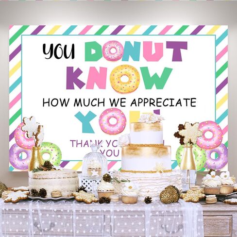 Lofaris 7x5ft Doughnut Thank You Backdrop You Donut Know How Much We Appreciate You Background Thanks for Staff Employee Teachers Doctor Colored Stripes Photography Party Decoration Banner Supplies in Saudi Arabia