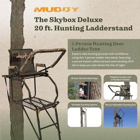 Muddy MLS1550 Skybox Deluxe 20' Tall Single Steel Ladder Tree Stand with Adjustable Padded Shooting Rail for Big Game & Hunting in Saudi Arabia