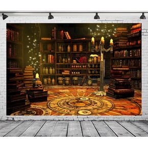 BELECO 7x5ft Fabric Magical Wizard Study Room Backdrop for Photography Ancient Library Bookshelf Magic Books Potion Skulls Candles Elves Magician Tarot Alchemy Backdrop Photo Booth Studio Props