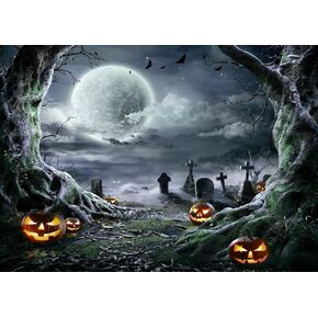 7X5FT Halloween Backdrop Photography Background Horror Moon Night Scary Cemetery Pumpkin Lantern Backdrop for Kids Adult Family Party Birthday Banner Decor Halloween Photo Backdrop SCO192A
