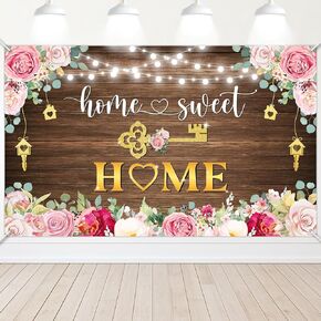 Avezano Housewarming Party Backdrop Rustic Wooden Pink Floral Home Sweet Home Photography Backdrop Home Key House Warming Party Decoration for New House 70.8 x 43.3 Inch