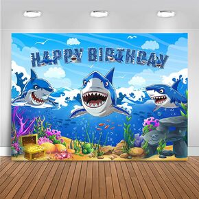 Mocsicka Shark Themed Birthday Backdrop Shark Under The Sea Happy Birthday for Boys Party Decorations Shark Birthday Cake Table Banner Photography Background (Blue, 7x5ft(82"x60"))