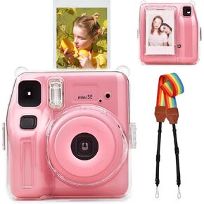 Clear Protective Case Compatible with Fujifilm Instax Mini SE,Carrying Case Bag for Fuji Instax Mini SE Instant Camera, PC Cover with Photo Storage Pocket & Nylon Rainbow Strap