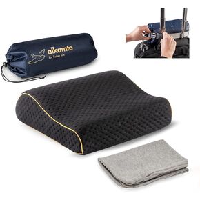 alkamto Travel & Camping Comfortable Memory Foam Pillow with Extra Cotton Cover – Easy to Carry Portable Bag – Temperature Regulating Pillow Case - Perfect for Travelling/Fishing/Backpacking/Hiking