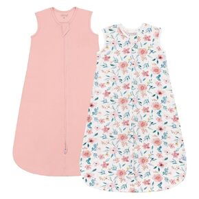 Rayon Made from Bamboo Sleep Sacks, 0.5 TOG Wearable Blanket Baby, Lightweight Stretchy Sleep Sacks 0-6 Months, 2 Pack Newborn Sleeping Bags, Pink & Flowers