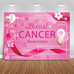 Mocsicka Breast Cancer Awareness Backdrop Banner Pink Ribbon Breast Cancer Decorations Hope Faith Strength Courage Background for Photography Walk Charity Party Supplies (Pink, 7x5ft(82"x60"))