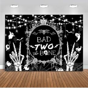 Mocsicka Bad Two The Bone Birthday Backdrop Skeleton 2nd Birthday Decorations Halloween Kids Birthday Photography Background Two Years Old Birthday Supplies Banner Photo Booth (7x5ft, Black)