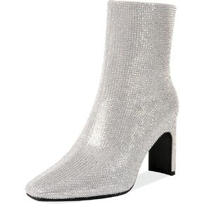 Women's Rhinestone Pointed Ankle Boots With Thick Heel Zipper Fashionable And Shiny Wedding Dress Party Sexy Short Boots