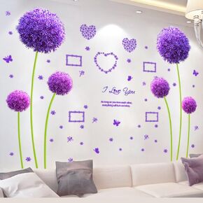 Flower Wall Decals/Stickers, Dandelion & Butterfly Large Floral Nature Plant Art | Removable, Purple Peel & Cling Decor for Bedroom, Living Room, Playroom, Bathroom, Adult & Girls' Room (2 Sheets)