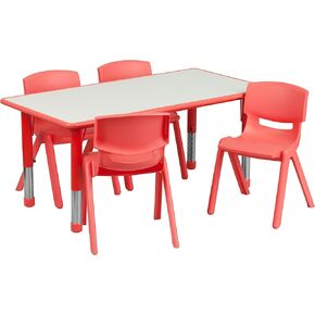 Flash Furniture Emmy 23.625''W x 47.25''L Rectangular Red Plastic Height Adjustable Activity Table Set with 4 Chairs