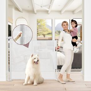 Reinforced 41 Inch Extra Tall Pet Gate 55 Inch Wide Retractable Baby Gates with Support Rods – Prevents Crawling Under, Outdoor Tall Baby Gates for Dogs Indoor Extra Tall Dog Gates for Doorways, White