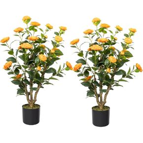 38" Artificial Camellia Tree 2 Packs, Faux Camellia Plant in Pebbles Pot with White Flowers, Greenery Camellia Tree for Spring Home Front Door Outdoor Indoor Decoration, White