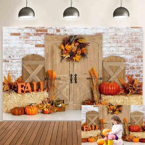 Fall Barn Pumpkin Photography Background Rustic Brick Wall Wood Door Backdrop Haystack Decoration Wreath Banner for Kids Adults Portrait Autumn Thanksgiving Photo Studio Props 7 x 5 ft