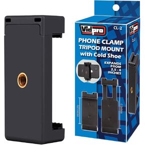 Vidpro CL-2 Tripod Mountable Smart Phone Clamp Cradle with Cold Shoe Mount. 1/4-20 Socket Attaches to Tripods, Monopods, Spring Clamp Accepts Phones up to 4 Inches Wide. Mount Lights, Microphones.