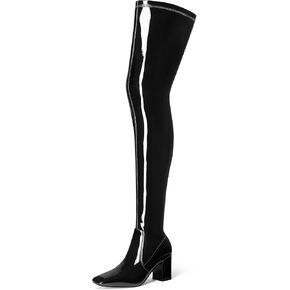 MUCCCUTE Thigh High Boots for Women Square Toe Over the Knee Boots Chunky Heel Patent Leather Sexy Long Gogo Boots with Side Zipper