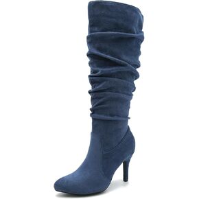 LIURUIJIA Womens Pointed Toe Slouchy Knee High Boots Wide Calf Side Zip Stiletto High Heel Fashion Fall Boots