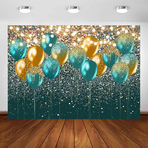 Avezano Teal and Gold Glitter Balloon Backdrop for Women Birthday Party Photography Background Teal Green Confetti Wedding Bday Party Decorations Photoshoot Photobooth (7x5ft)