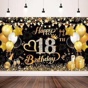 6x4FT Happy Birthday Backdrop Banner for Men - Glitter Black Gold Birthday Background for Party Decoration
