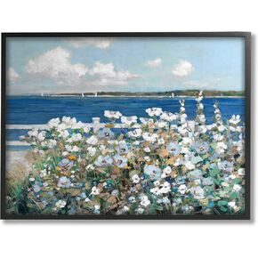 Stupell Industries Beautiful White Flower Bush Seaside Fence Ocean View, Design by Sally Swatland, 40 x 30, Blue