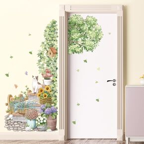 3D Green Plant Door Sticker Daisy and Sunflower Wall Decal DIY Removable Grass Cat Grapevine Tree Wall Stickers Art Murals for Kids Baby Girls Bedroom Nursery Office Living Room Door Window Cabinets