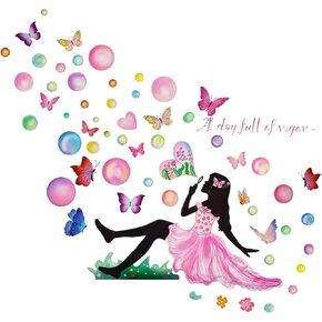 Fairy Girl Blowing Bubble Wall Decal with Colorful Flying Butterfly and Flower Wall Sticker 42.5x37.4inch Removable Self-adhsive Vinyl Wallpaper for Kids Bedroom Nursery Home Decors