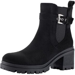 Shoe'N Tale Chelsea Boots for Women Ankle Boots Lug Sole Mid Chunky Heel Platform Round Toe Buckle Slip On Elastic Fashion Comfortable Booties