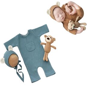 Newborn Photography Outfits Boy Cute Bear Hats Pants with Doll Photoshoot Props Outfits New Born Boy Hat Clothes Set