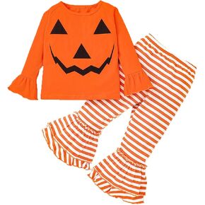 Toddler Baby Girl Clothes Halloween Outfit Pumpkin Tops Long Sleeve Shirt Stripe Flared Pants Set