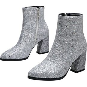 UniqueStride Womens Glitter Chunky Heel Ankle Boots Sequins Block High Heels Pointed Toe Zipper Booties