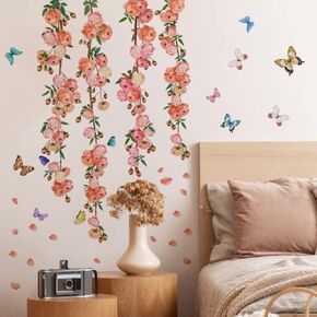 Runtoo Flower Vine Rose Wall Art Decals Peony Floral Wall Stickers for Living Room Girls Bedroom Nursery Wall Decor