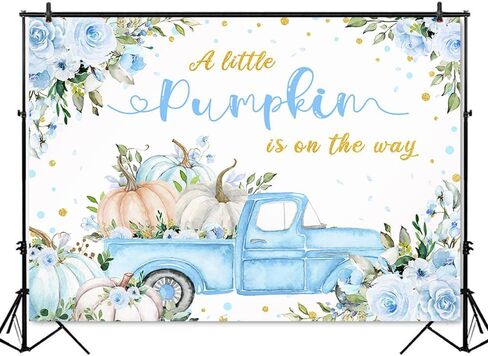 Mocsicka Pumpkin Baby Shower Backdrop A Little Pumpkin is On The Way Backdrop Blue Floral Truck Boys Baby Shower Autumn Party Decorations Photo Booth Props (Blue, 7x5ft) in Saudi Arabia
