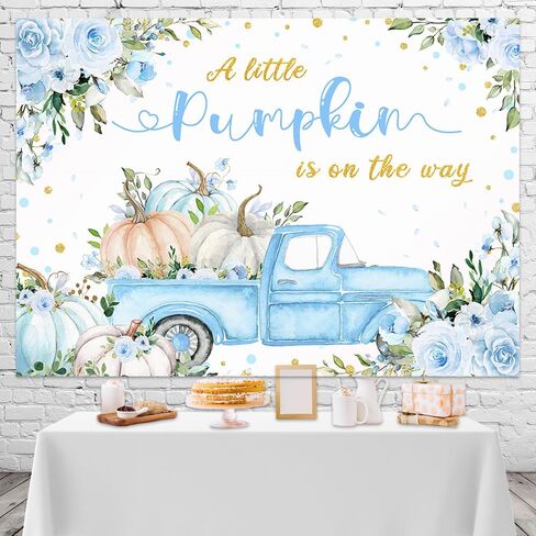 Mocsicka Pumpkin Baby Shower Backdrop A Little Pumpkin is On The Way Backdrop Blue Floral Truck Boys Baby Shower Autumn Party Decorations Photo Booth Props (Blue, 7x5ft) in Saudi Arabia