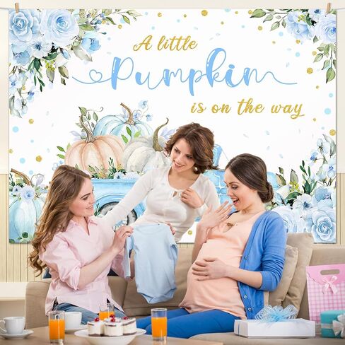 Mocsicka Pumpkin Baby Shower Backdrop A Little Pumpkin is On The Way Backdrop Blue Floral Truck Boys Baby Shower Autumn Party Decorations Photo Booth Props (Blue, 7x5ft) in Saudi Arabia
